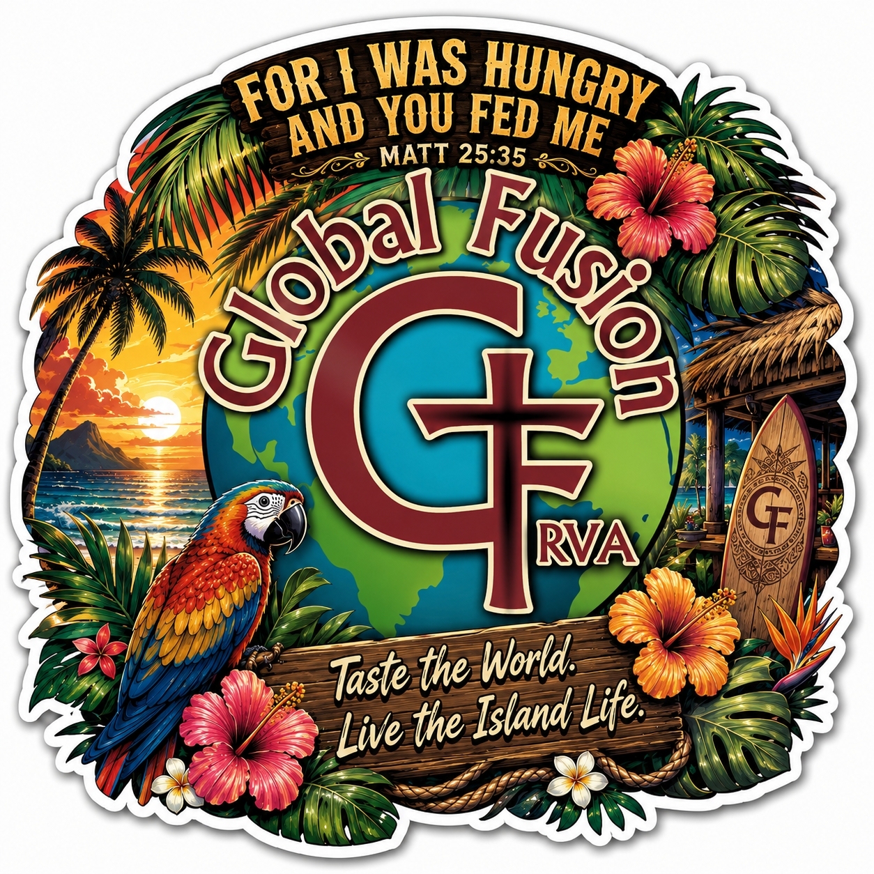 Global Fusion RVA brand artwork featuring the scripture line 'For I was hungry and you fed me, Matt 25:35' alongside a globe, palm trees, and the tagline 'Taste the World. Live the Island Life.'