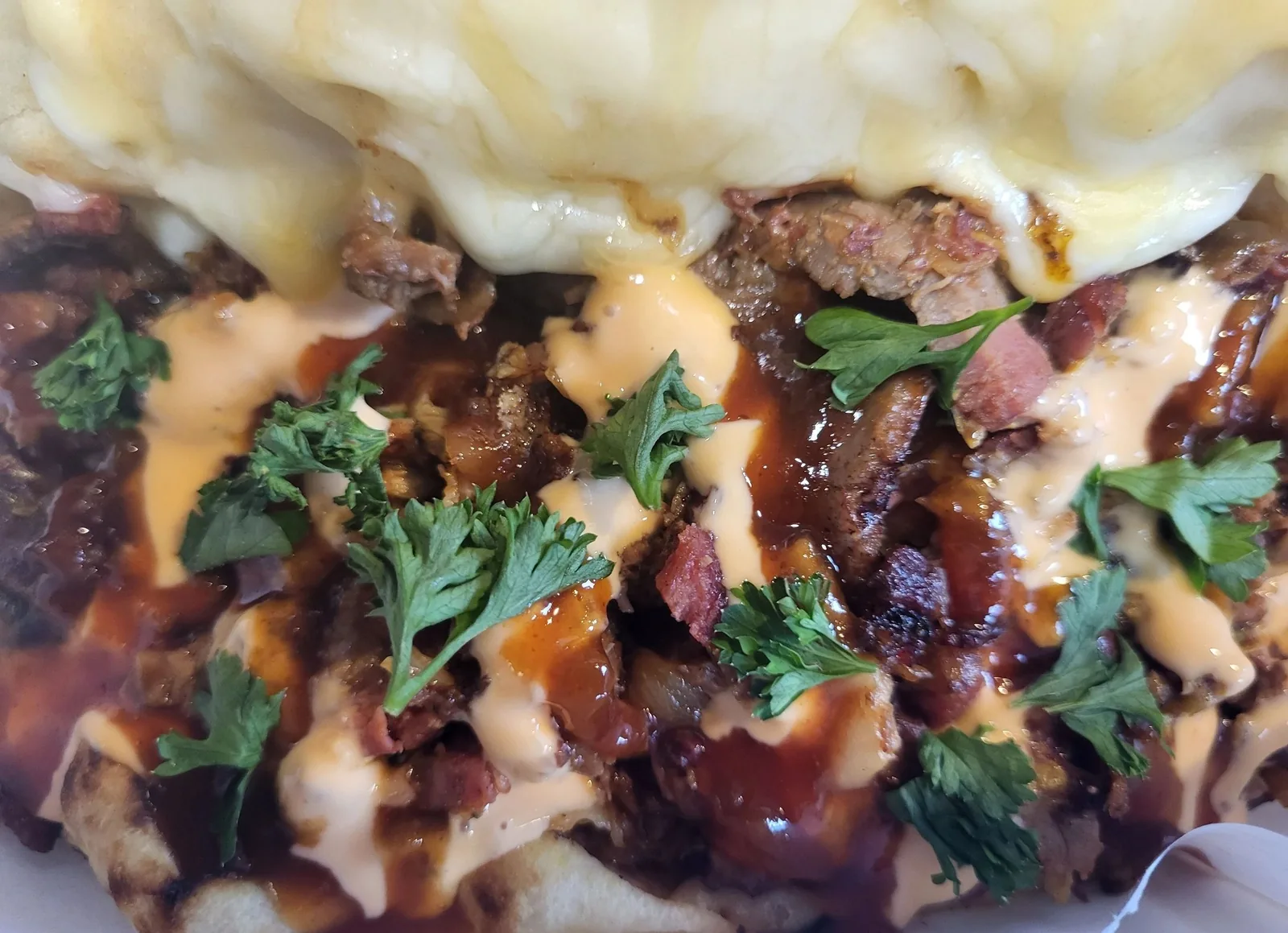 Close-up of a Global Fusion RVA smoked meat sandwich with melted cheese, barbecue sauce, and fresh herbs